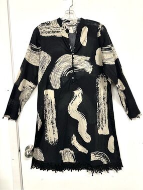 Maria B Cotton Beach Coverup Dress Black Cream Abstract Print Medium